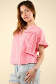 Split Neck Washed Knit Tee- Pink