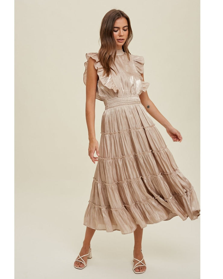 Organza Tiered Midi Dress with Ruffle Detail