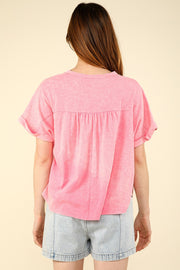 Split Neck Washed Knit Tee- Pink