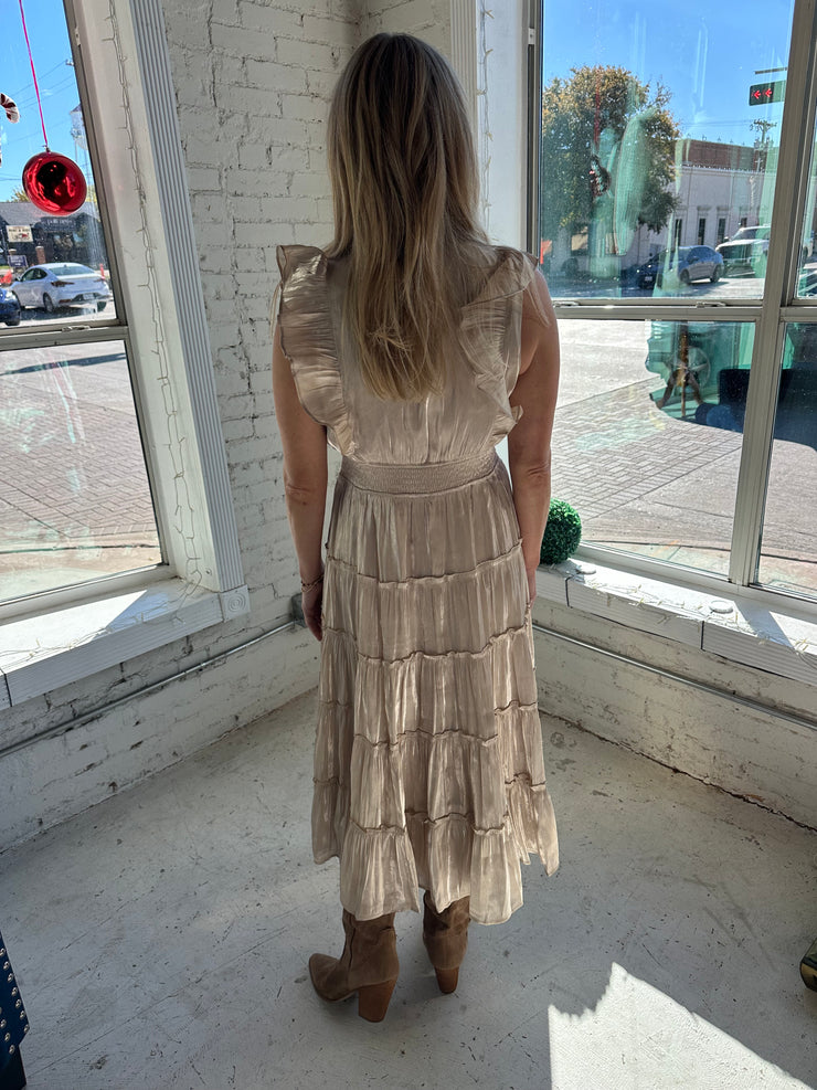 Organza Tiered Midi Dress with Ruffle Detail