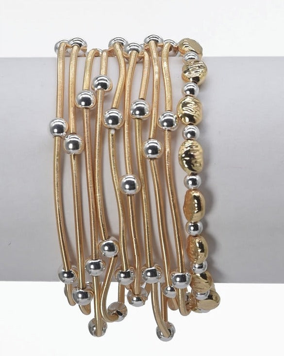 Set of 10 Gold Wired Stretch Bracelets with Silver Beaded Accents