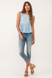 Swan Ruffle Sweep Top- Sky High