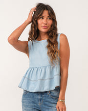 Swan Ruffle Sweep Top- Sky High