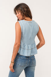 Swan Ruffle Sweep Top- Sky High