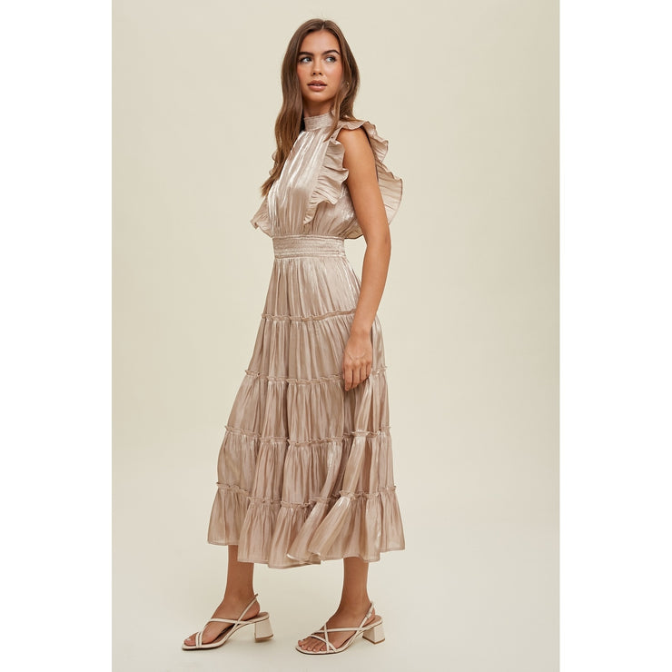 Organza Tiered Midi Dress with Ruffle Detail