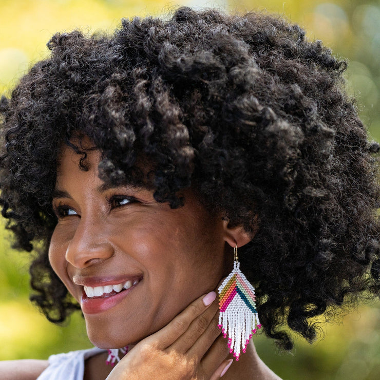 Elise Angle with Stripes Beaded Fringe Earrings White Rainbow